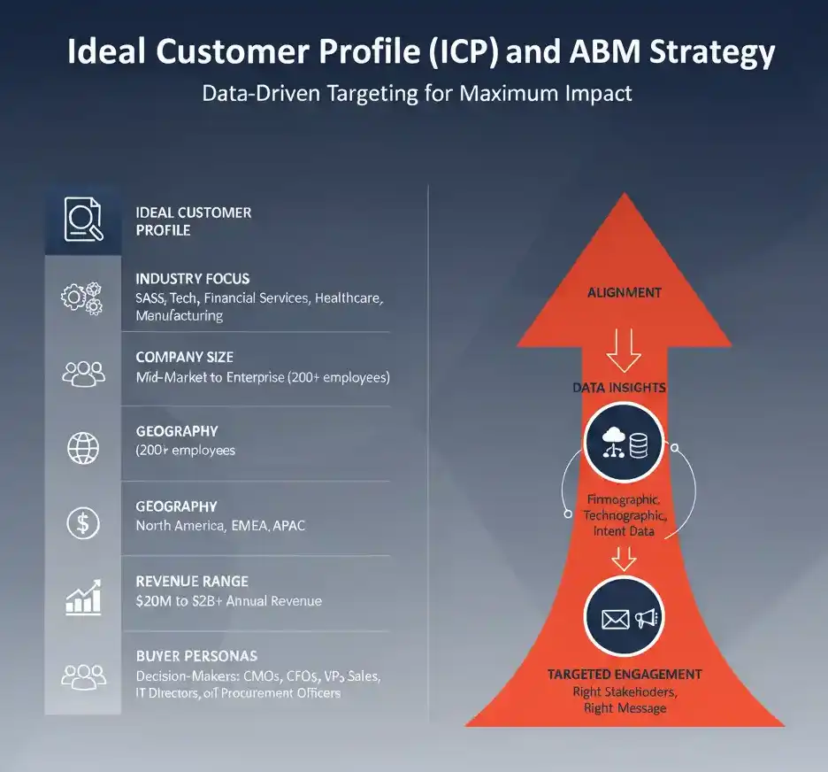 ABM Consultant 1 Ideal Customer Profile (ICP) visualized with Account-Based Marketing strategy showing targeted accounts, personalization, and one-to-one engagement.