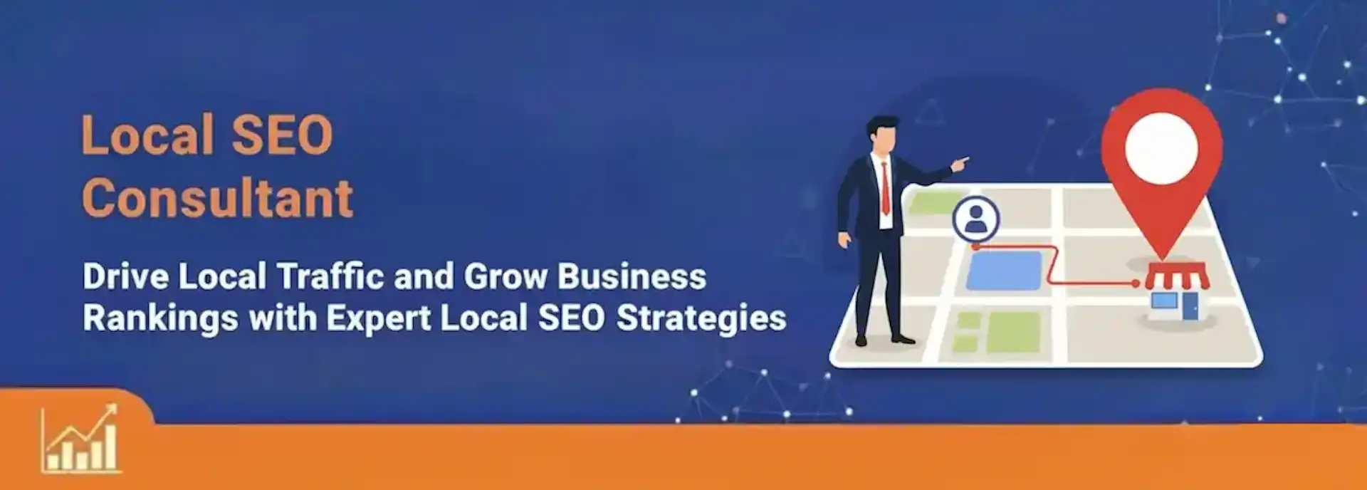 Local SEO Consultant Services A graphic depicting a local map with a pin icon, surrounded by SEO-related symbols like a magnifying glass, a bar chart, and keywords.