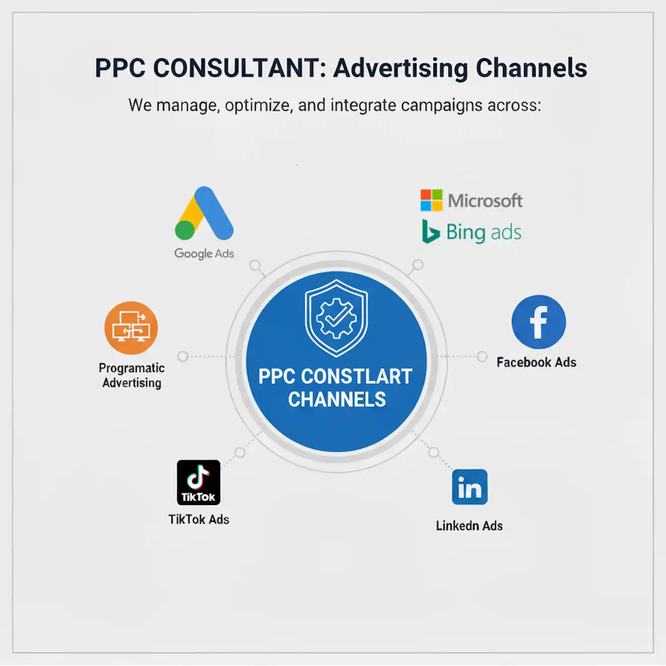 PPC Consultant 2 PPC consultant channels infographic with logos for Google Ads, Microsoft Advertising, Facebook, LinkedIn, TikTok, and Programmatic advertising.