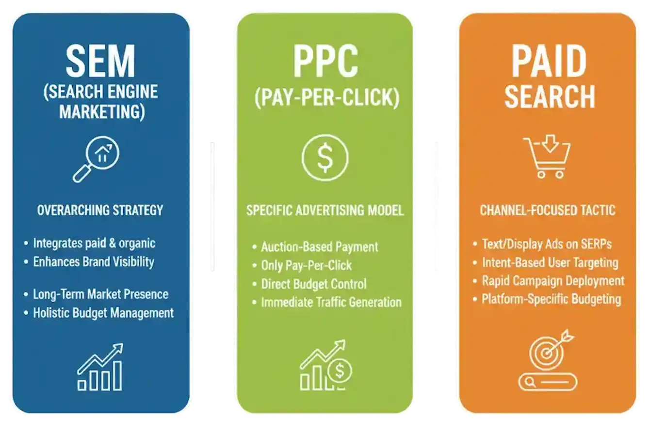 SEM Consultant 4 SEM vs PPC vs Paid Search explained by expert SEM consultant specialist Zabi Niazi for businesses and marketers.